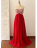 Strapless Sweetheart Red Chiffon Crystals Prom Dress